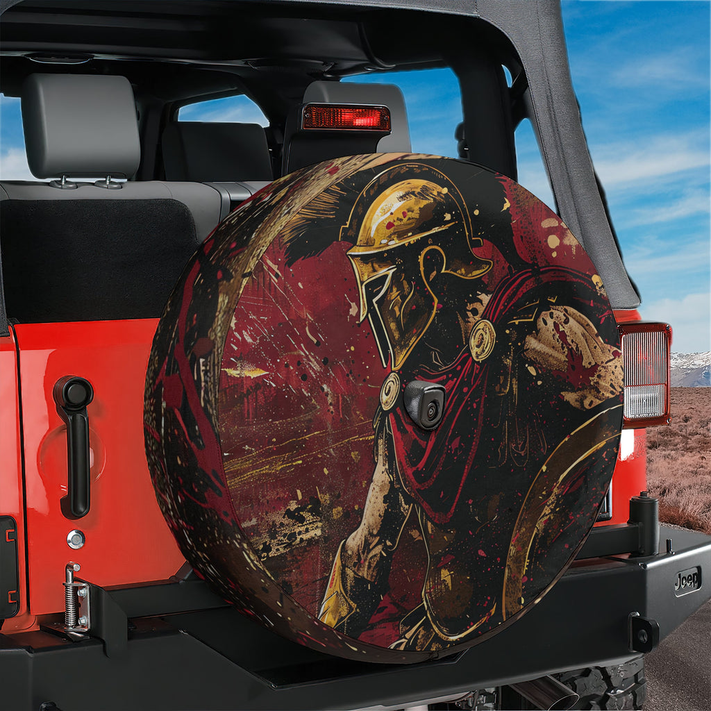 Spartan Warrior design printed spare tire cover with optional backup camera hole by Graffix