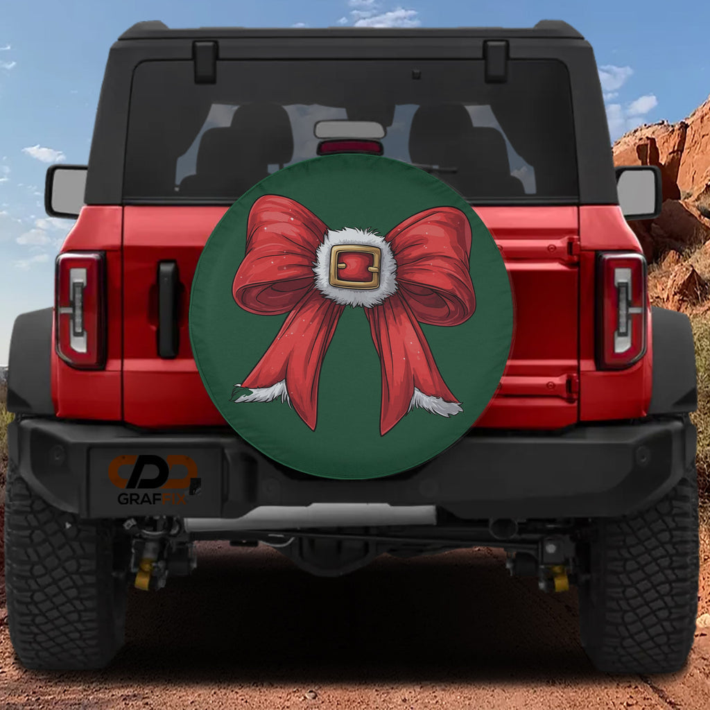 Coquette Santa belt bow spare tire cover on red Bronco green background red bow gold buckle design