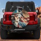 Constitution Keeper spare tire cover mounted on a red Bronco rear featuring patriotic Constitution parchment art