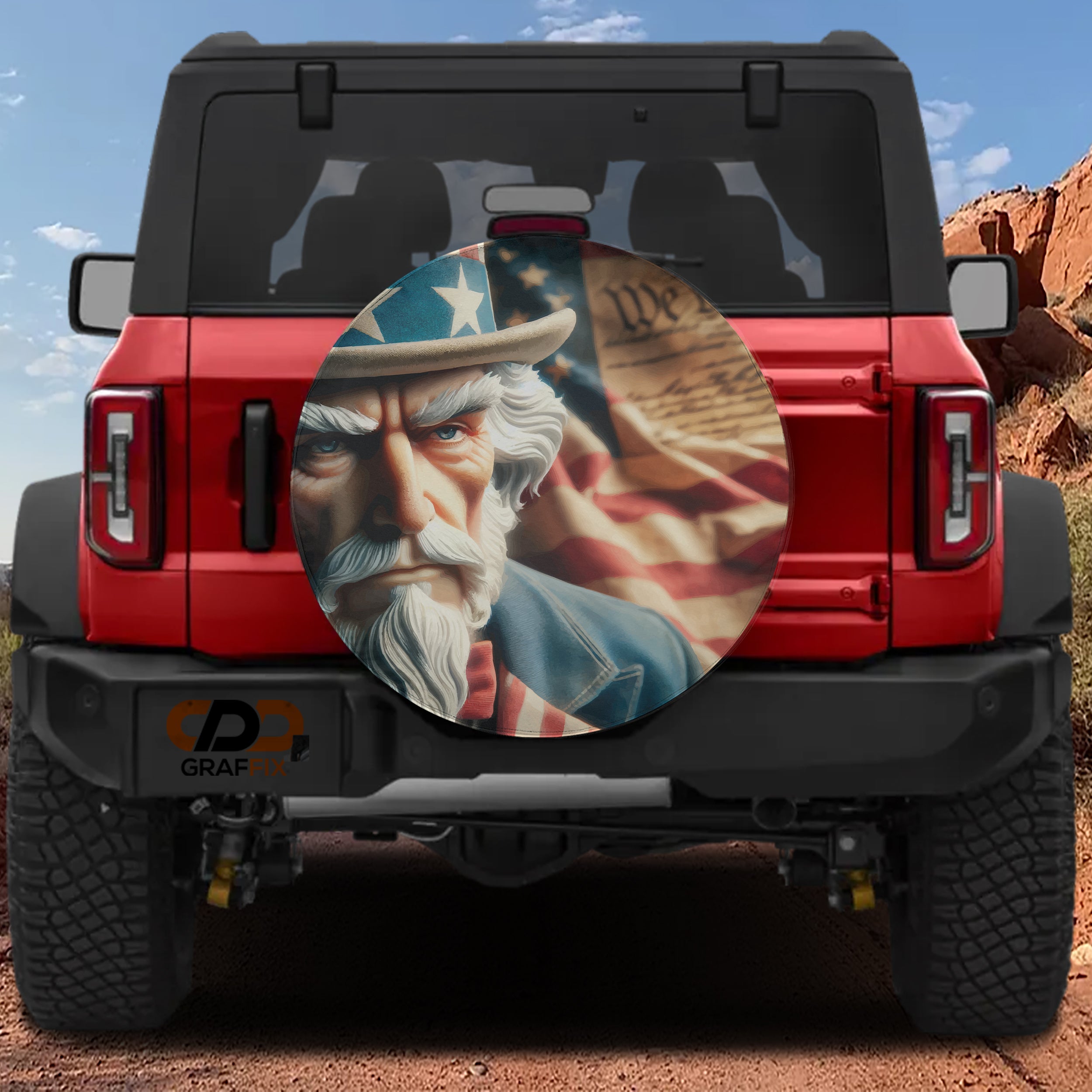 Constitution Keeper spare tire cover mounted on a red Bronco rear featuring patriotic Constitution parchment art