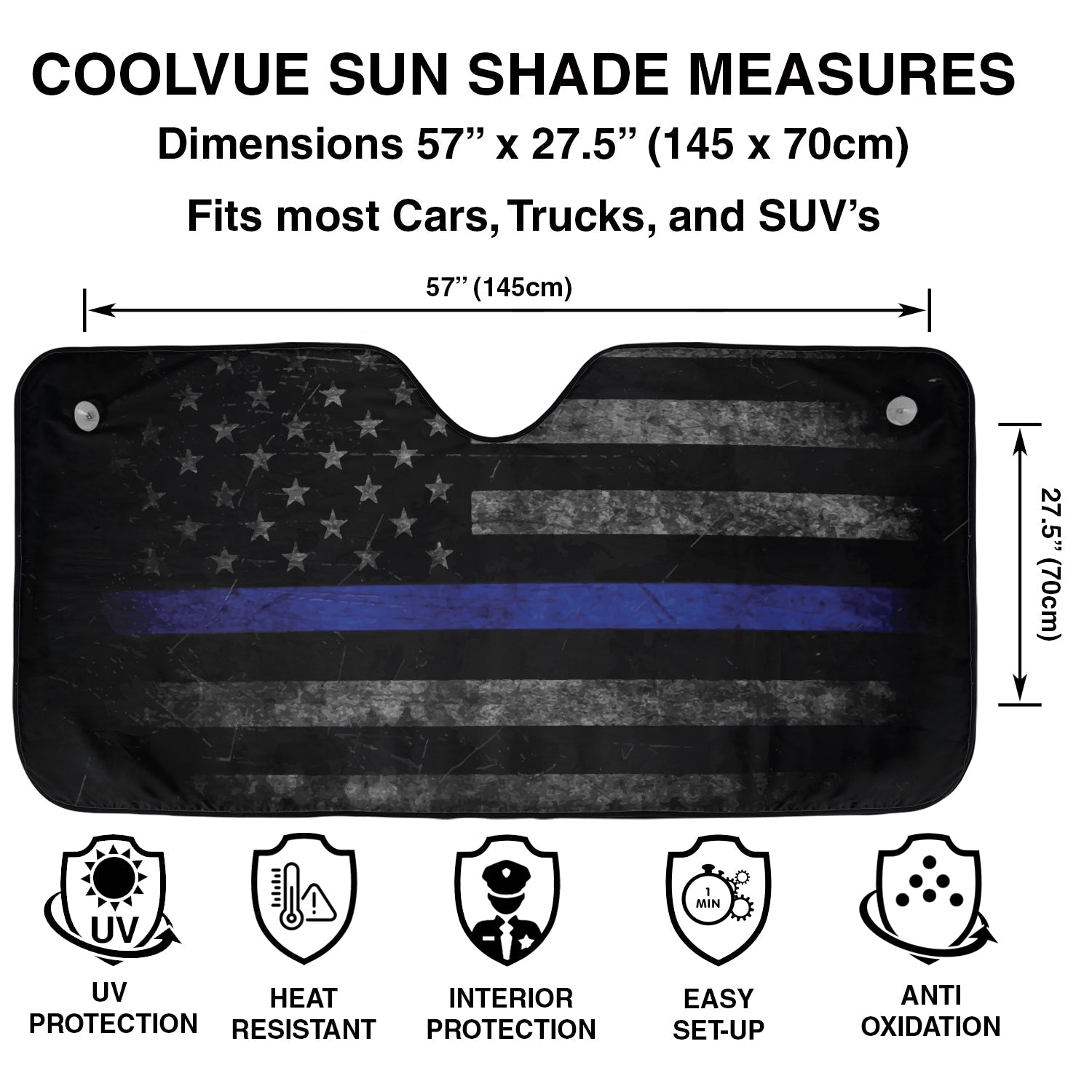 Thin Blue Line American Flag windshield sunshade specs with 57 by 27.5 inch size plus UV protection icons
