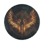 Norse Valkyrie wings spare tire cover installed on a black Jeep Wrangler showing GRAFFIX bumper sticker