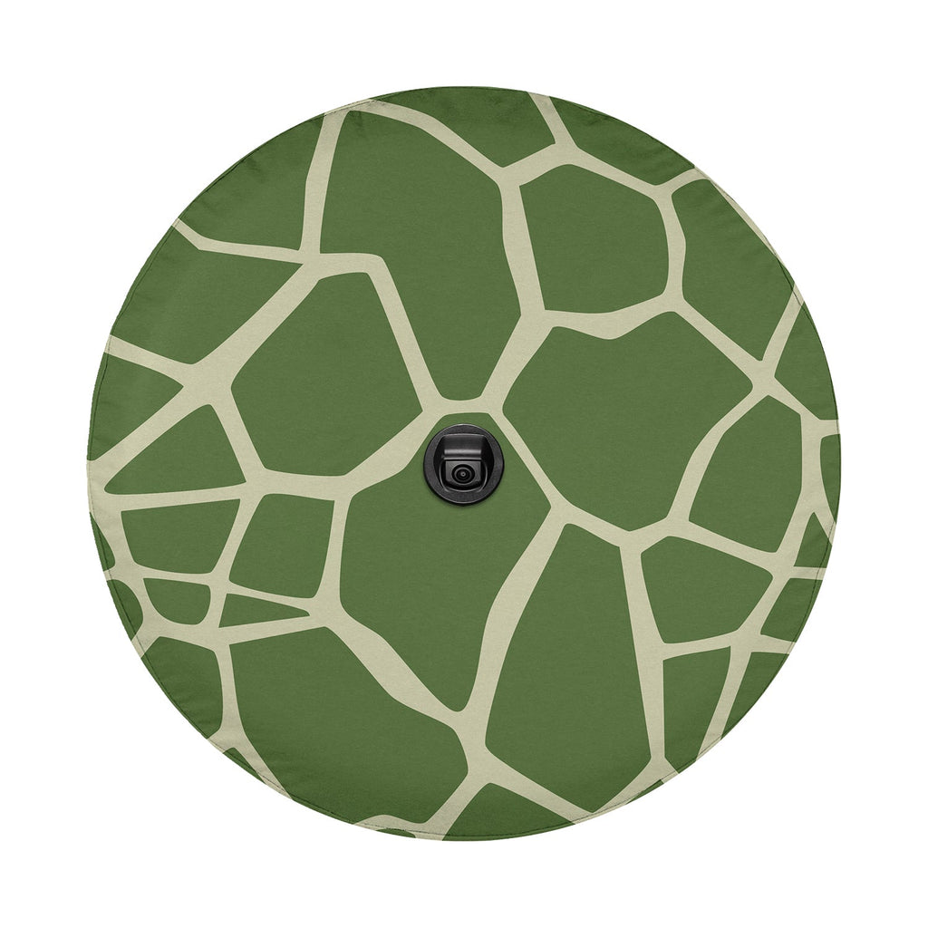 Turtle Trek spare tire cover flat art with backup camera cutout and green turtle shell scute pattern