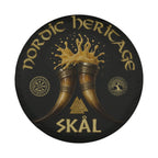 a circular design with a black background, two golden horns, and various symbols and text.