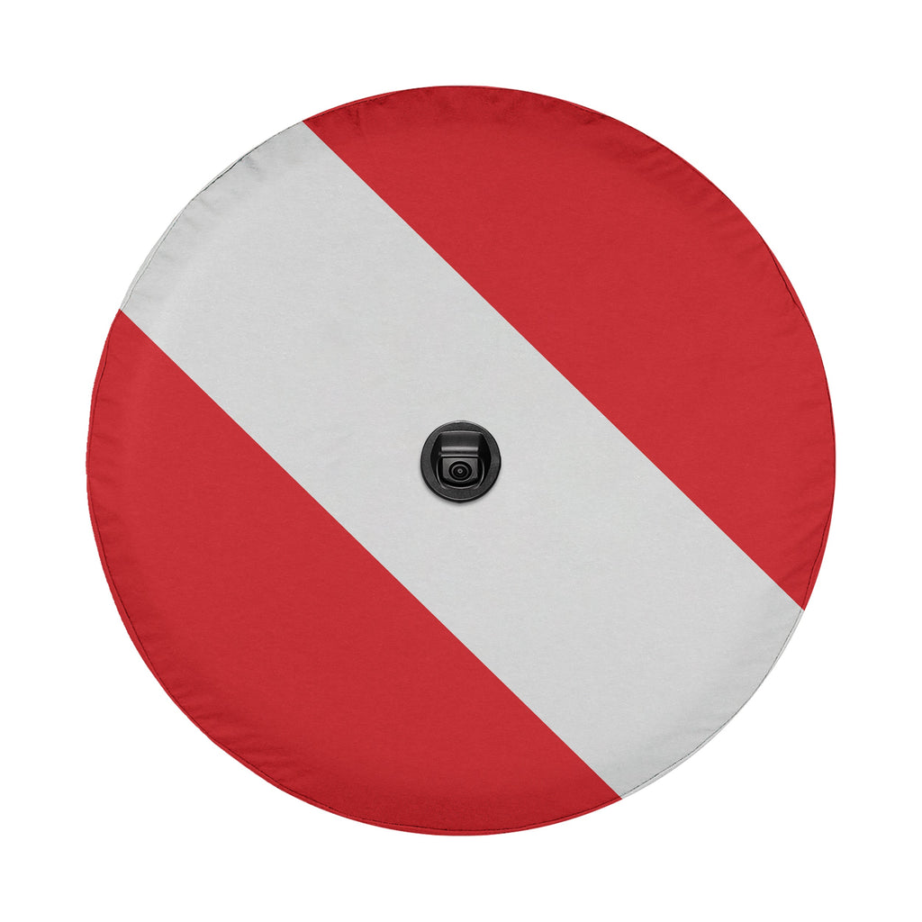 SCUBA diver down flag spare tire cover rear angle view on Bronco with desert backdrop