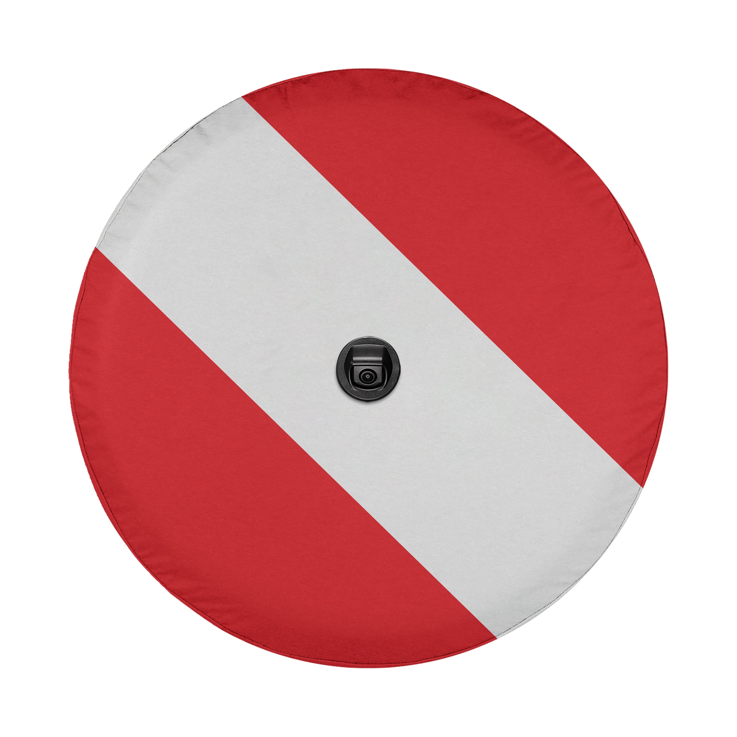 SCUBA diver down flag spare tire cover rear angle view on Bronco with desert backdrop