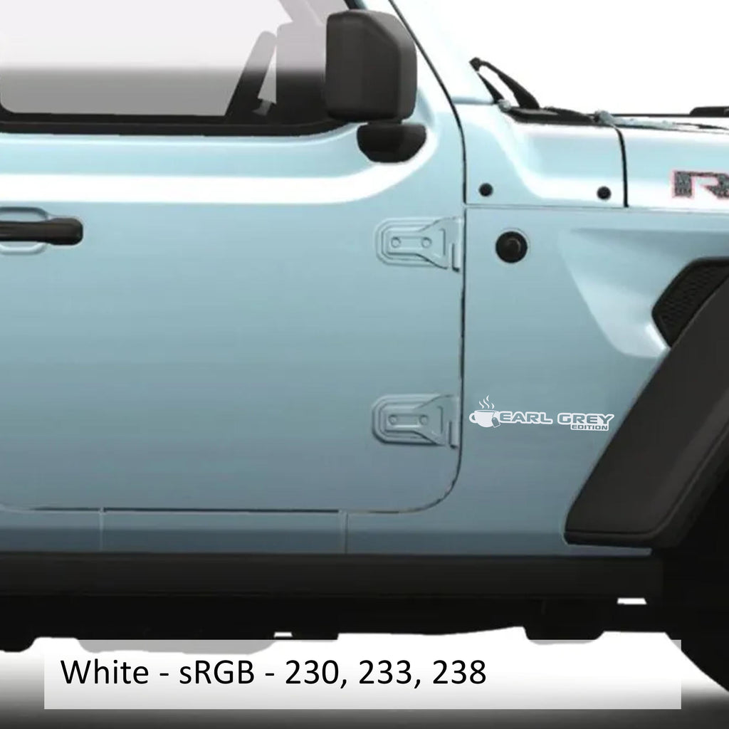 Earl Grey Edition fender decal in white sRGB 230 233 238 placed on light blue Jeep Wrangler JL fender area