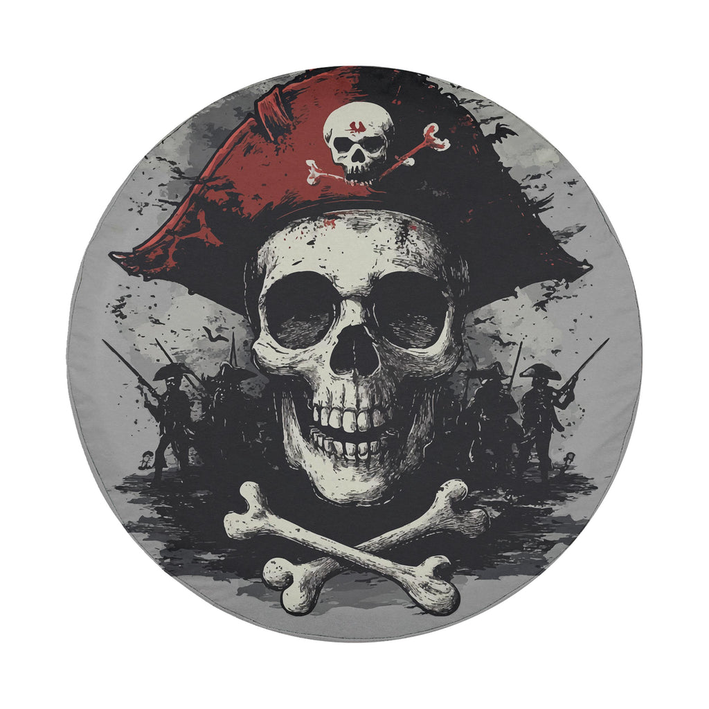 Dread Pirates Curse gray skull tire cover flat view with red captain hat and crossed bones below