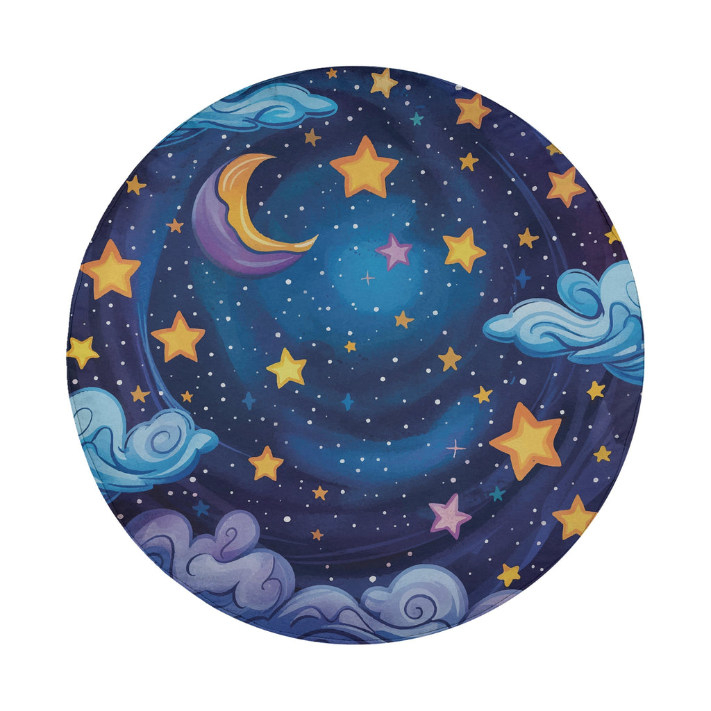 Flat round starry night sky tire cover closeup with yellow stars purple clouds and blue cosmic background