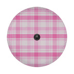 a circular pattern with pink and white plaid or checkered designs.