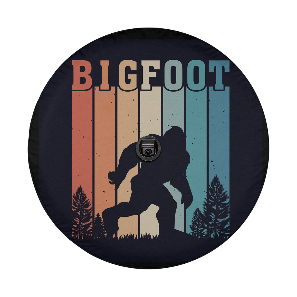 Sasquatch Stripes spare tire cover rear angle showing rainbow striped Bigfoot forest scene print