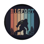 Sasquatch Stripes spare tire cover rear angle showing rainbow striped Bigfoot forest scene print