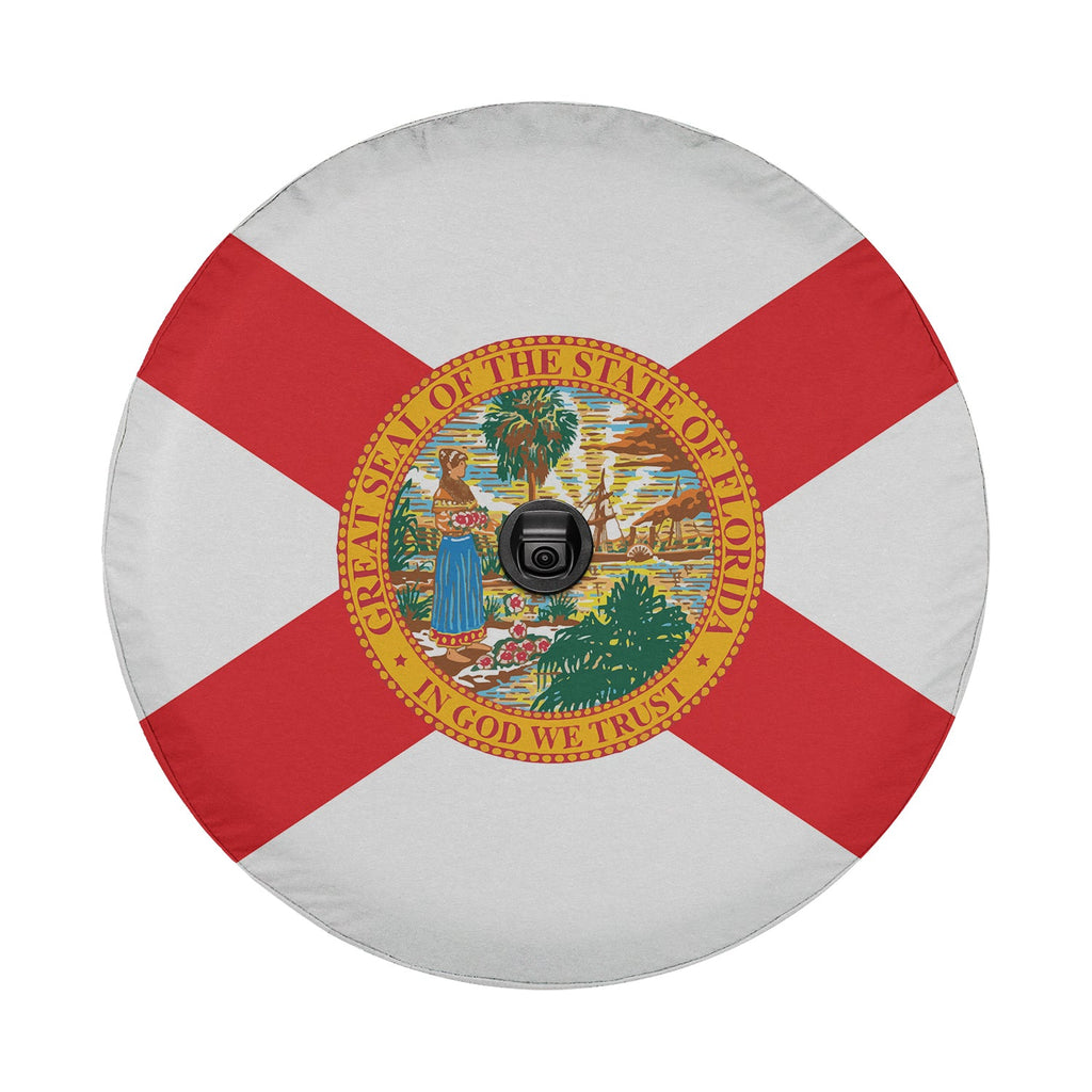 Florida state flag spare tire cover studio close-up of red saltire and Seminole woman seal without camera cutout