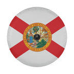 Florida state flag spare tire cover studio close-up of red saltire and Seminole woman seal without camera cutout