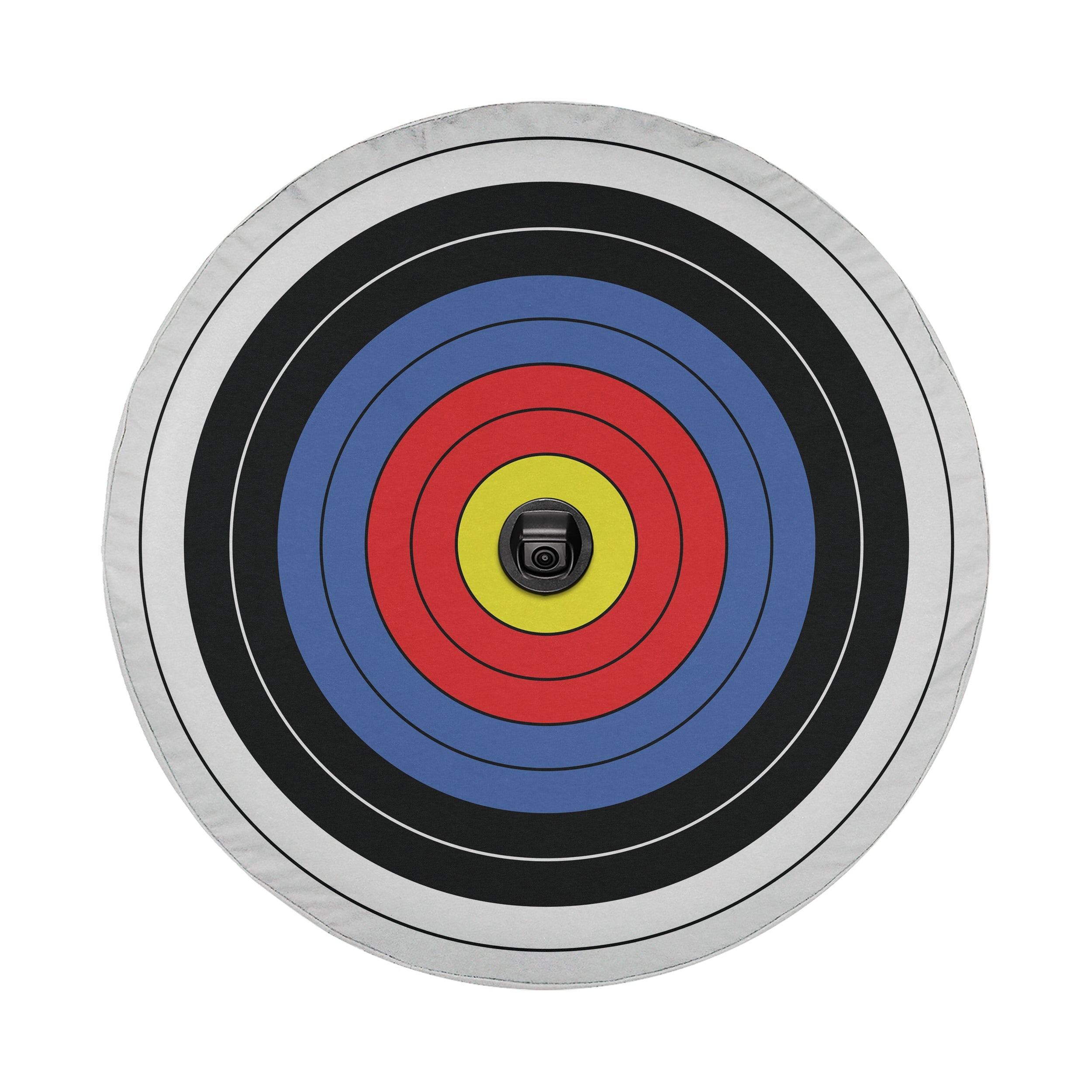 Bullseye archery target tire cover detail showing classic ringed shooting target design