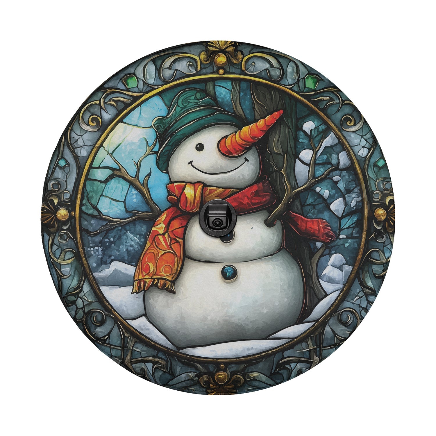 Stained glass snowman tire cover round art with center backup camera hole vintage Art Nouveau frame
