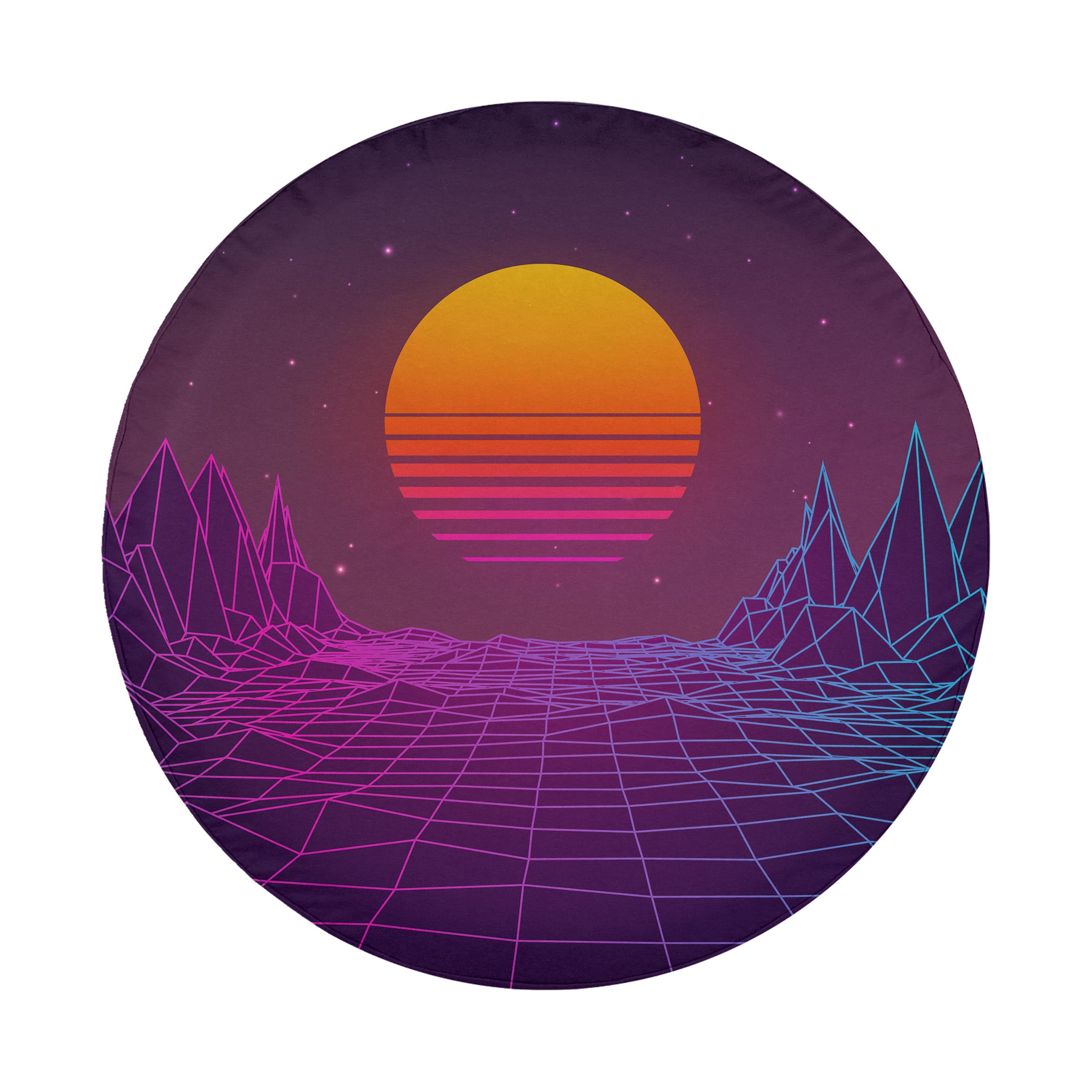A digital illustration depicting a sunset over a mountainous landscape, with a gradient of orange and purple hues in the sky.