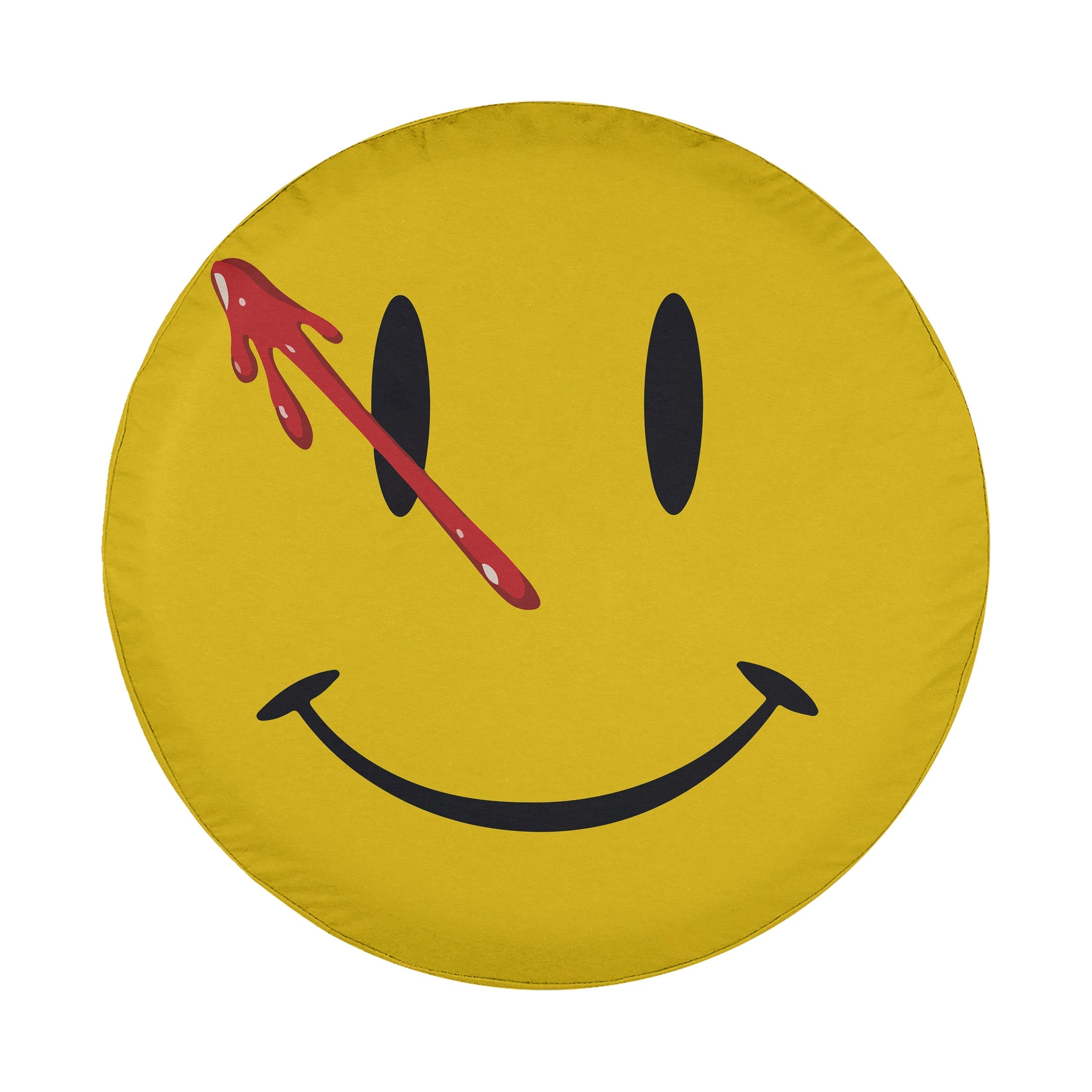 Comedian Smiley Face tire cover on red Jeep Wrangler showing yellow grin and Watchmen style blood drip