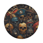 Pirate skulls tire cover flat round close-up showing stacked aged skulls wearing red blue tricorn pirate hats