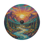 A vibrant, colorful illustration depicting a winding river surrounded by mountains, pine trees, and a sunset sky.