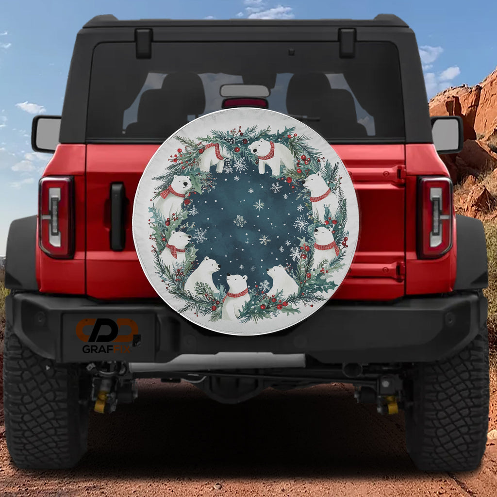 Polar Bear Christmas wreath tire cover on red Bronco watercolor bears pine holly Christmas border