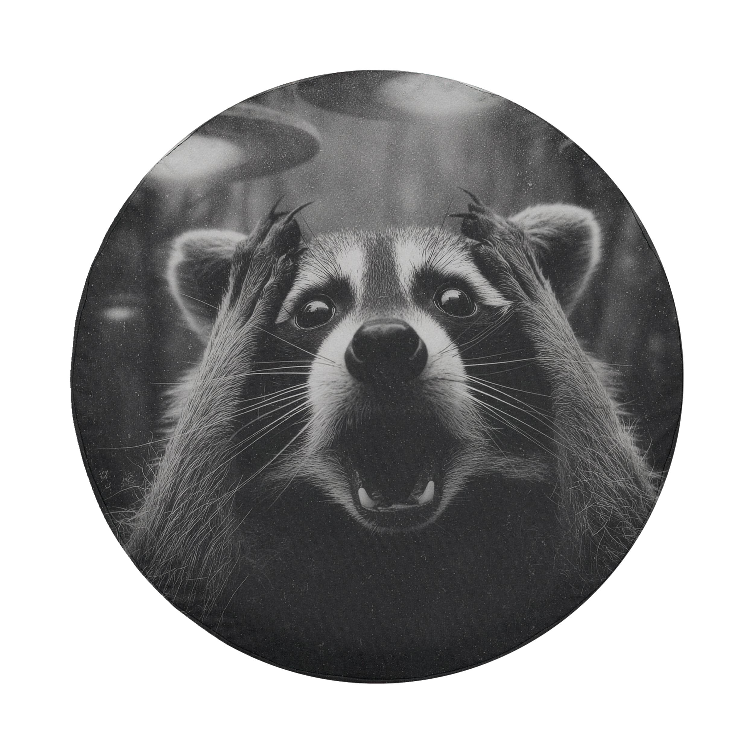 A raccoon with its paws covering its face appears to be in a state of surprise or excitement, with its mouth open and eyes wide.