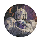 AstroBot Sentinel spare tire cover round flat product view showing sci-fi robot artwork