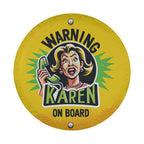 Warning Karen on Board tire cover white background art of shouting blonde cartoon Karen and green phone