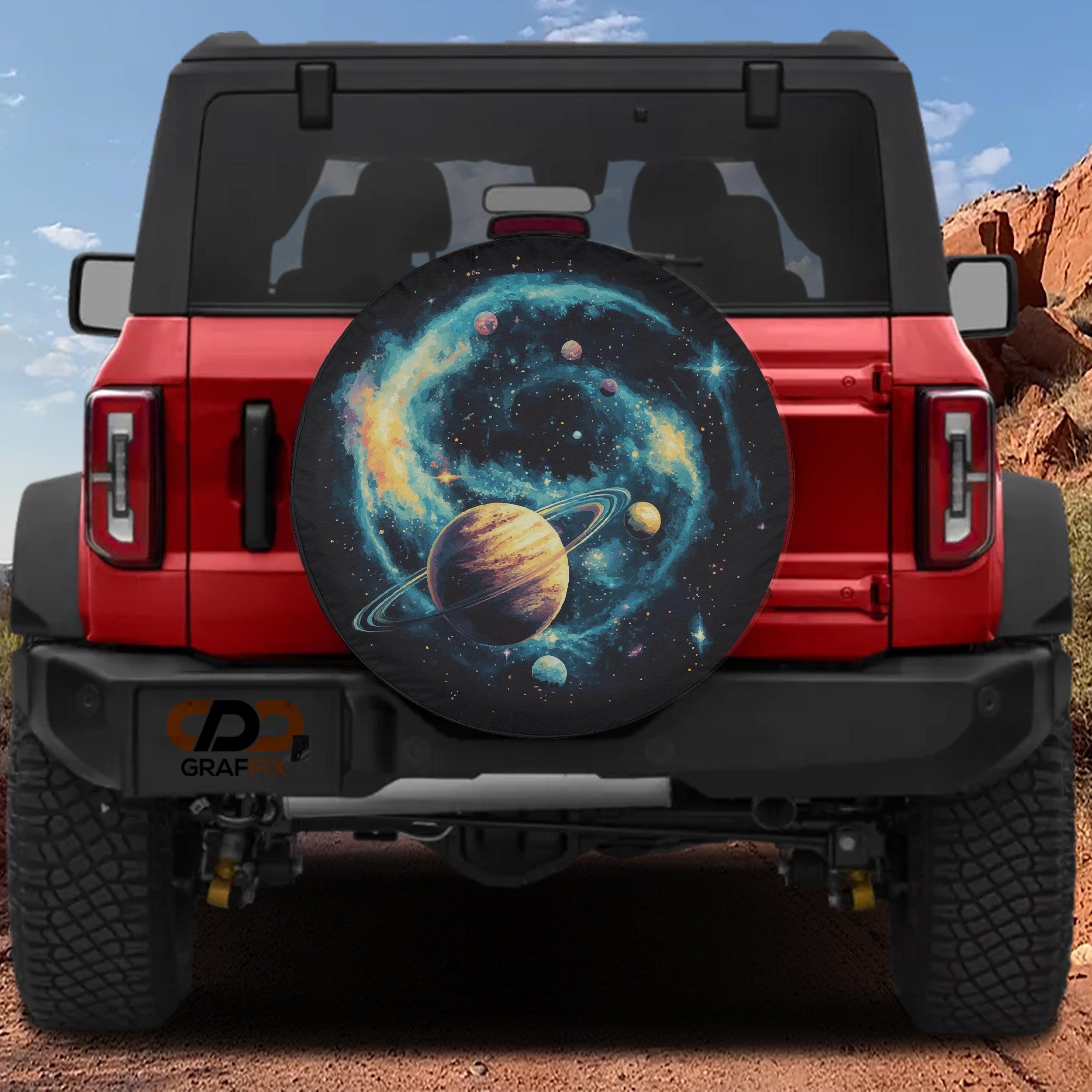 Planetary Pathways spare tire cover on a red Jeep Wrangler showing the swirling solar system art on the rear cover