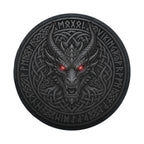 A dark, intricate circular design featuring a fierce dragon's head with glowing red eyes, surrounded by intricate patterns and symbols.