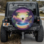 Paradise sunset cover mounted on black Jeep Wrangler with tropical beach palms purple sky GRAFFIX