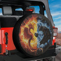 Phoenix vs Shadow Dragon spare tire cover on red Jeep Wrangler with fiery phoenix and shadow dragon