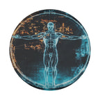 Modern Vitruvian Man spare tire cover side view showing fabric grommet construction trim