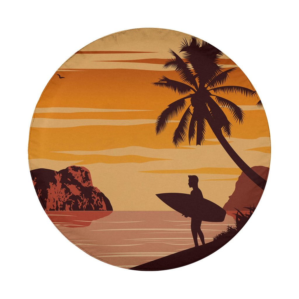 Sunset surfer tire cover studio shot with palm tree silhouette, beach rocks, and camera cutout near horizon