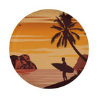 Sunset surfer tire cover studio shot with palm tree silhouette, beach rocks, and camera cutout near horizon