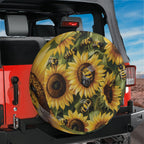 Sunflower bumblebee bliss tire cover on a red Jeep Wrangler with painted bee floral art and camera cutout