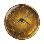 A close-up image of a mosquito inside a golden, amber-colored glass container, with bubbles and droplets surrounding it.