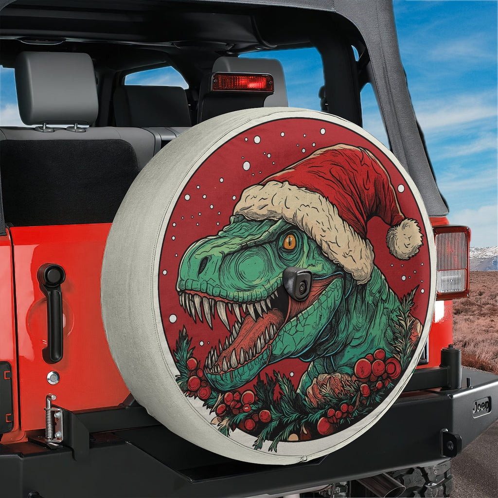 Dino Claus green T-Rex Santa hat Christmas tire cover round art with center backup camera cutout