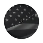 Wavey No Quarter American flag spare tire cover on red Jeep Wrangler with desert mountain backdrop