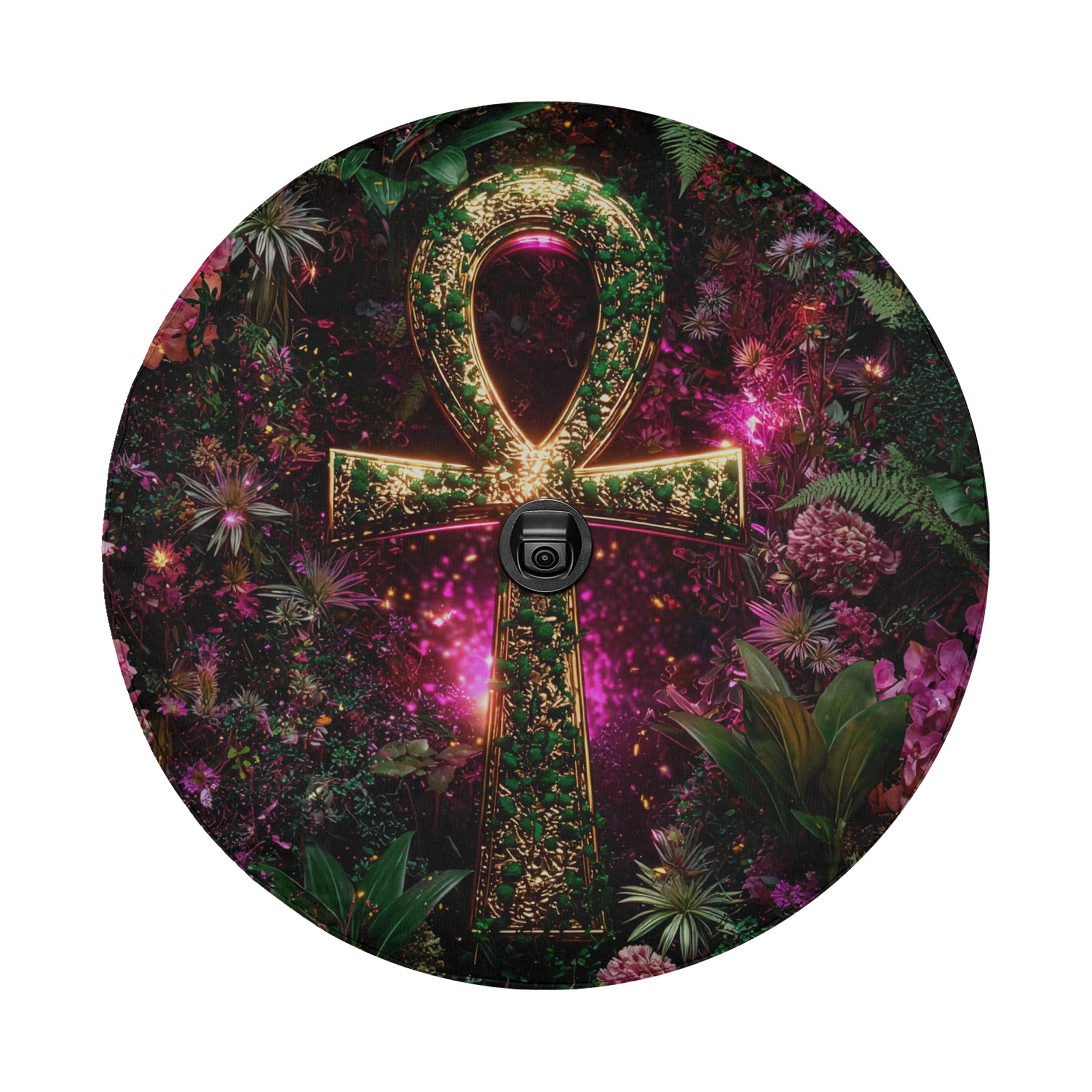 a large, ornate symbol resembling an Ankh, a significant symbol in ancient Egyptian mythology, surrounded by a lush, colorful garden with various plants and flowers.