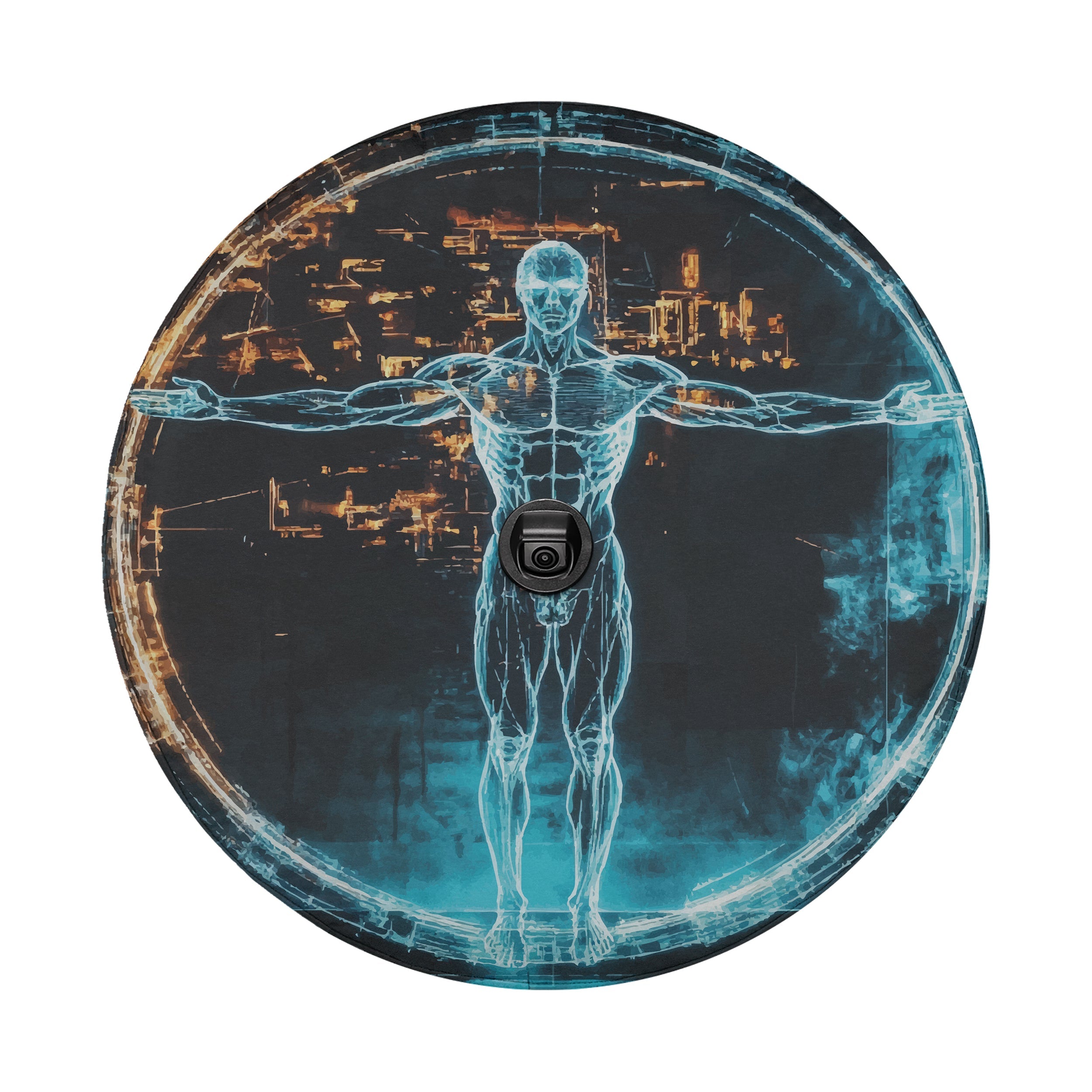 Modern Vitruvian Man spare tire cover flat-lay product photo showing blue figure artwork