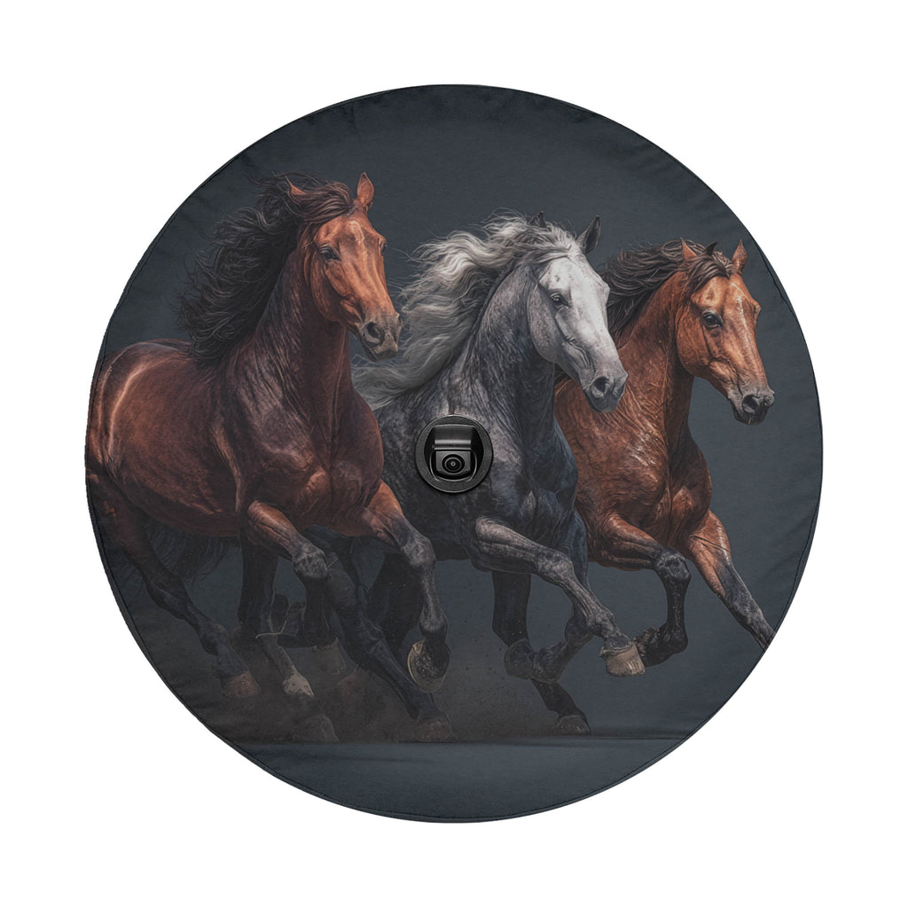 Three horses galloping together in a dynamic, energetic scene.