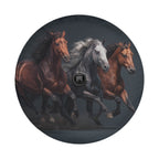 Three horses galloping together in a dynamic, energetic scene.