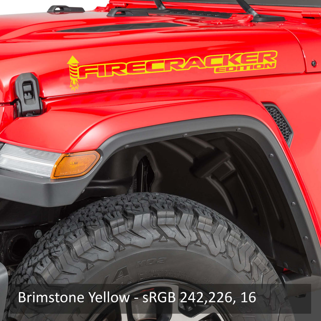 Brimstone Yellow Firecracker Edition side hood decal pair swatch for Jeep Wrangler
