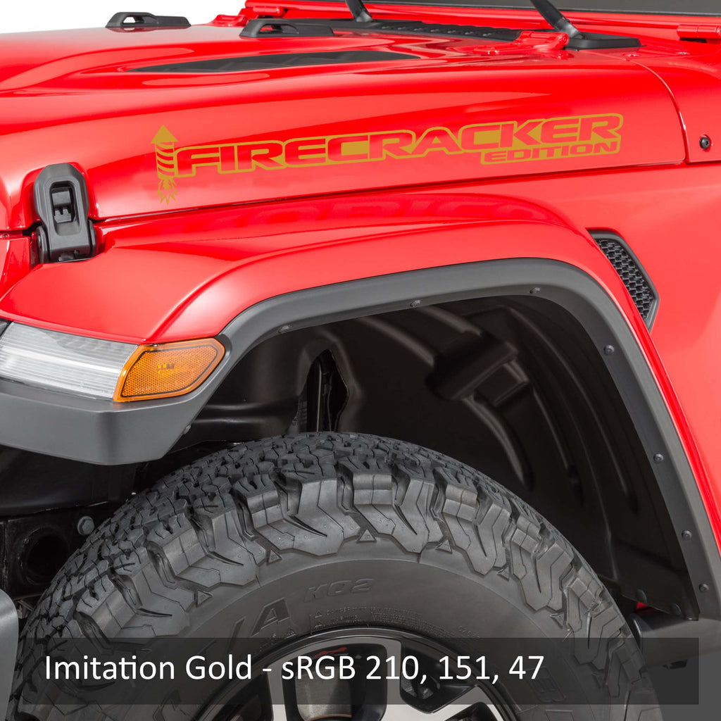 Imperial Gold Firecracker Edition side hood decal pair swatch for Jeep Wrangler application