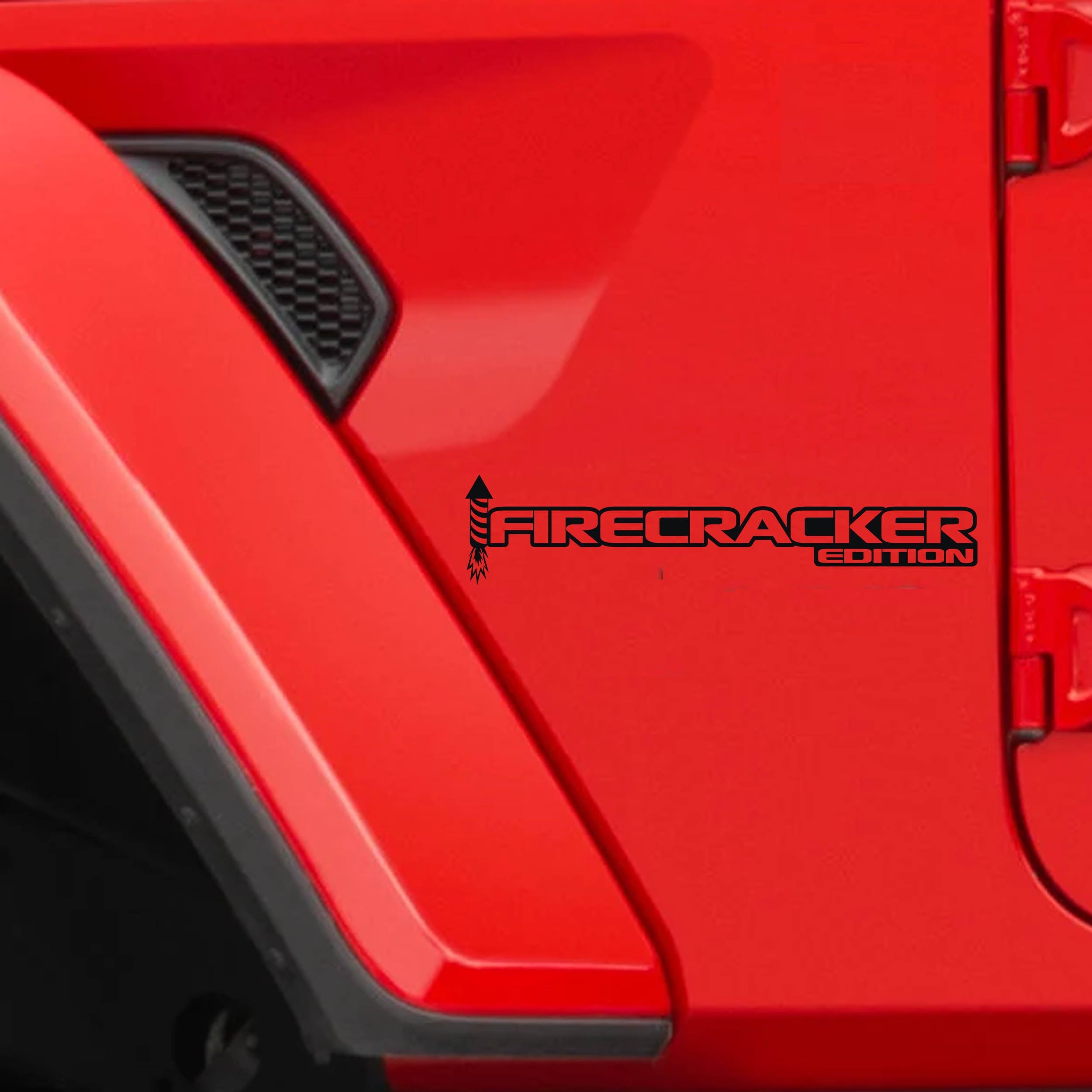 Black Firecracker Edition rocket fender decal pair installed on Jeep Wrangler JL Gladiator JT cowl