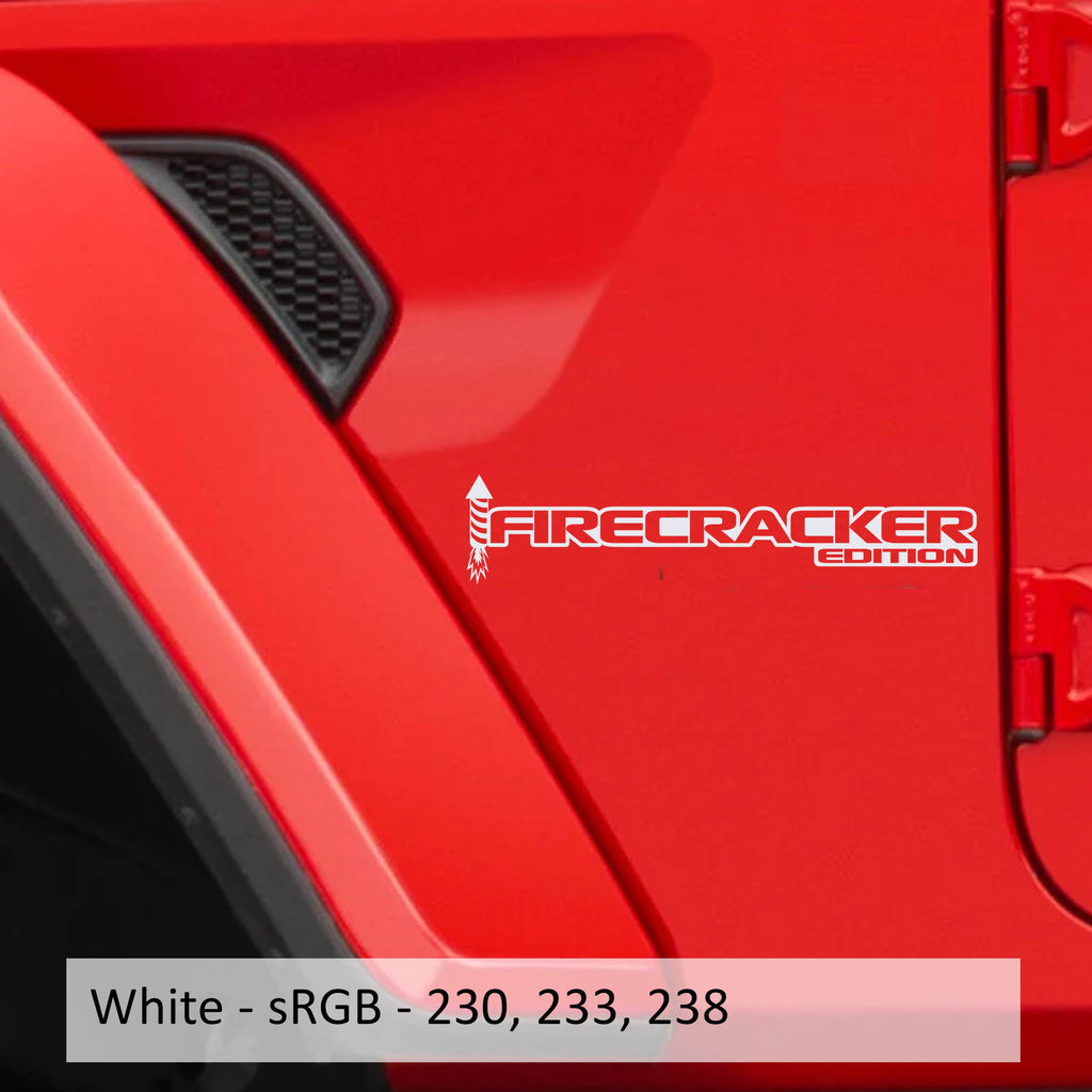 White Firecracker Edition rocket fender decal pair shown on Jeep Wrangler JL Gladiator JT side hood