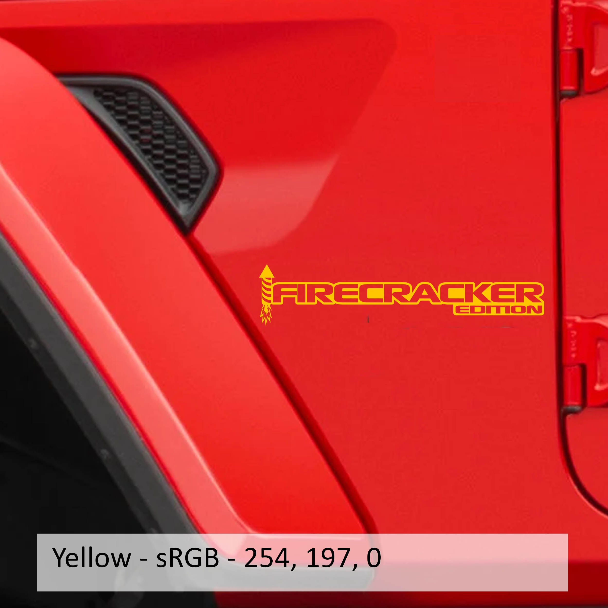 Yellow Firecracker Edition rocket fender decal pair installed on Jeep Wrangler JL Gladiator JT cowl
