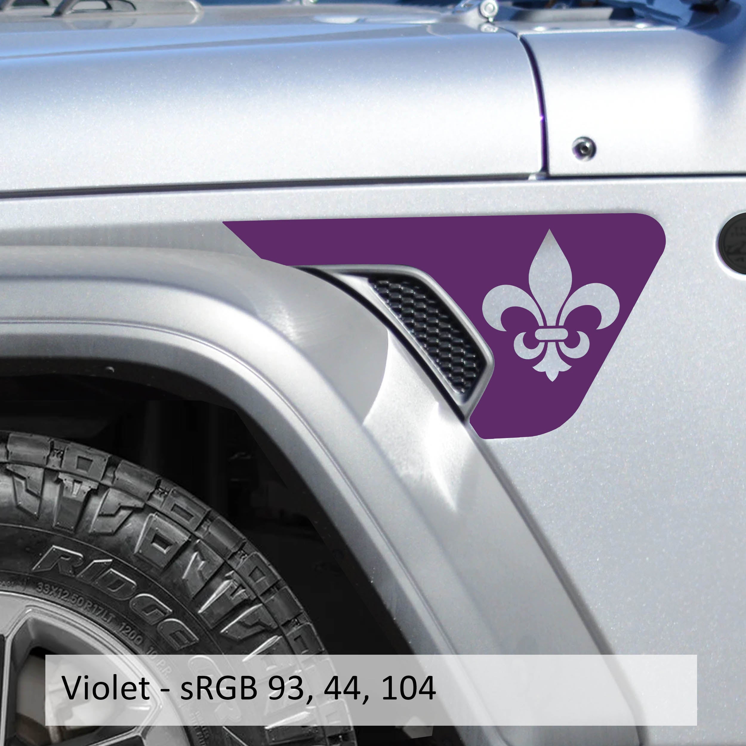 Fleur De Lis Jeep billet fender vent decal preview in violet vinyl displaying heraldic lily emblem in profile