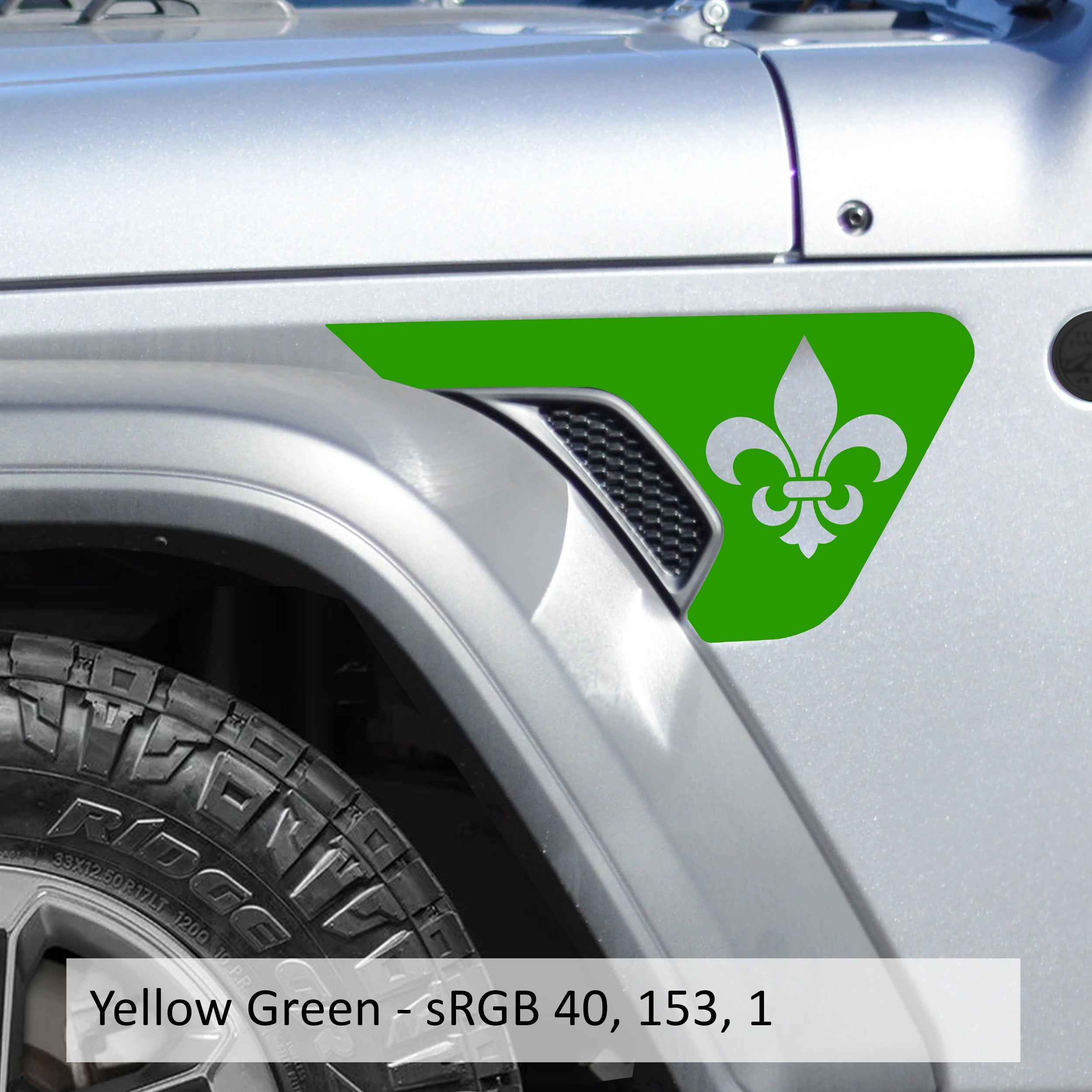 Fleur De Lis Jeep billet fender vent decal preview in yellow green vinyl with bold heraldic lily silhouette